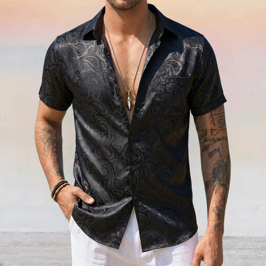 Barry. Wang Black Paisley Jacquard Short Sleeve Button Up Shirt for Men