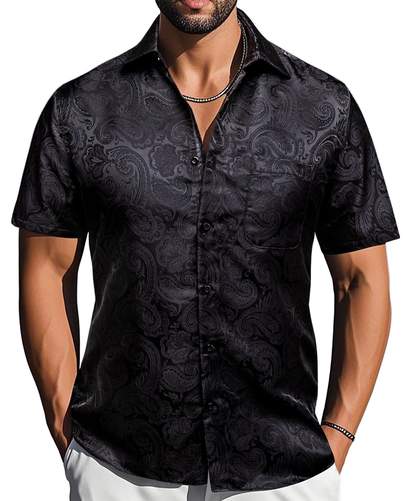 Barry. Wang Black Paisley Jacquard Short Sleeve Button Up Shirt for Men
