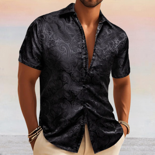 Barry. Wang Black Paisley Jacquard Short Sleeve Button Up Shirt for Men