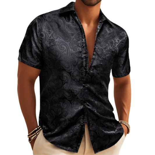 Barry. Wang Black Paisley Jacquard Short Sleeve Button Up Shirt for Men