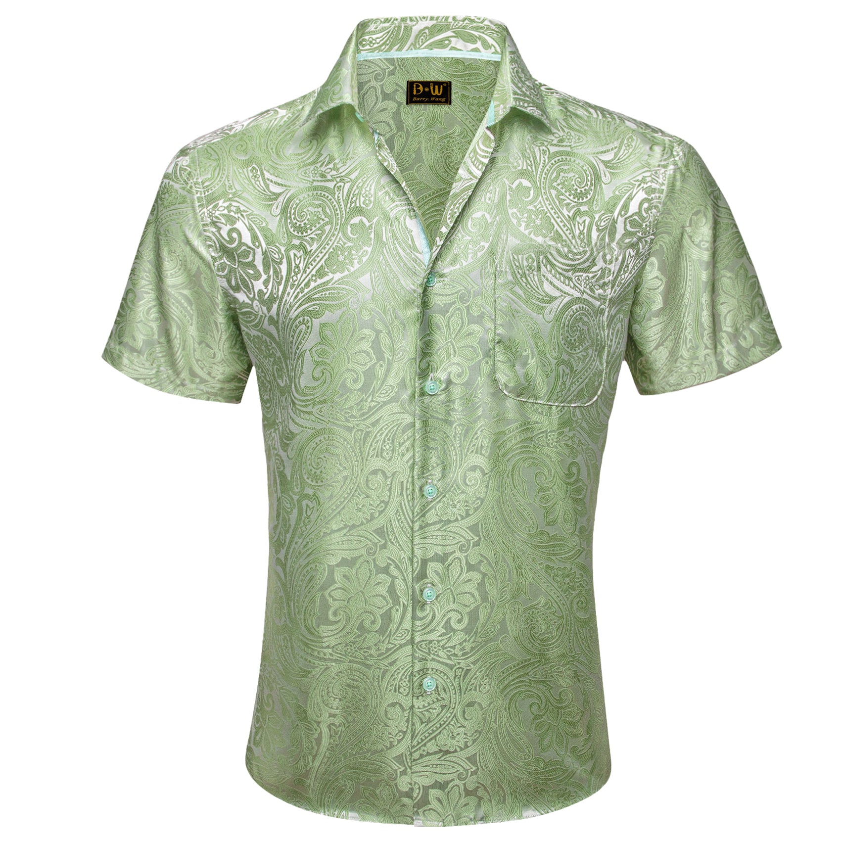 Barry. Wang Moss Green Paisley Jacquard Short Sleeve Button Up Shirt for Men