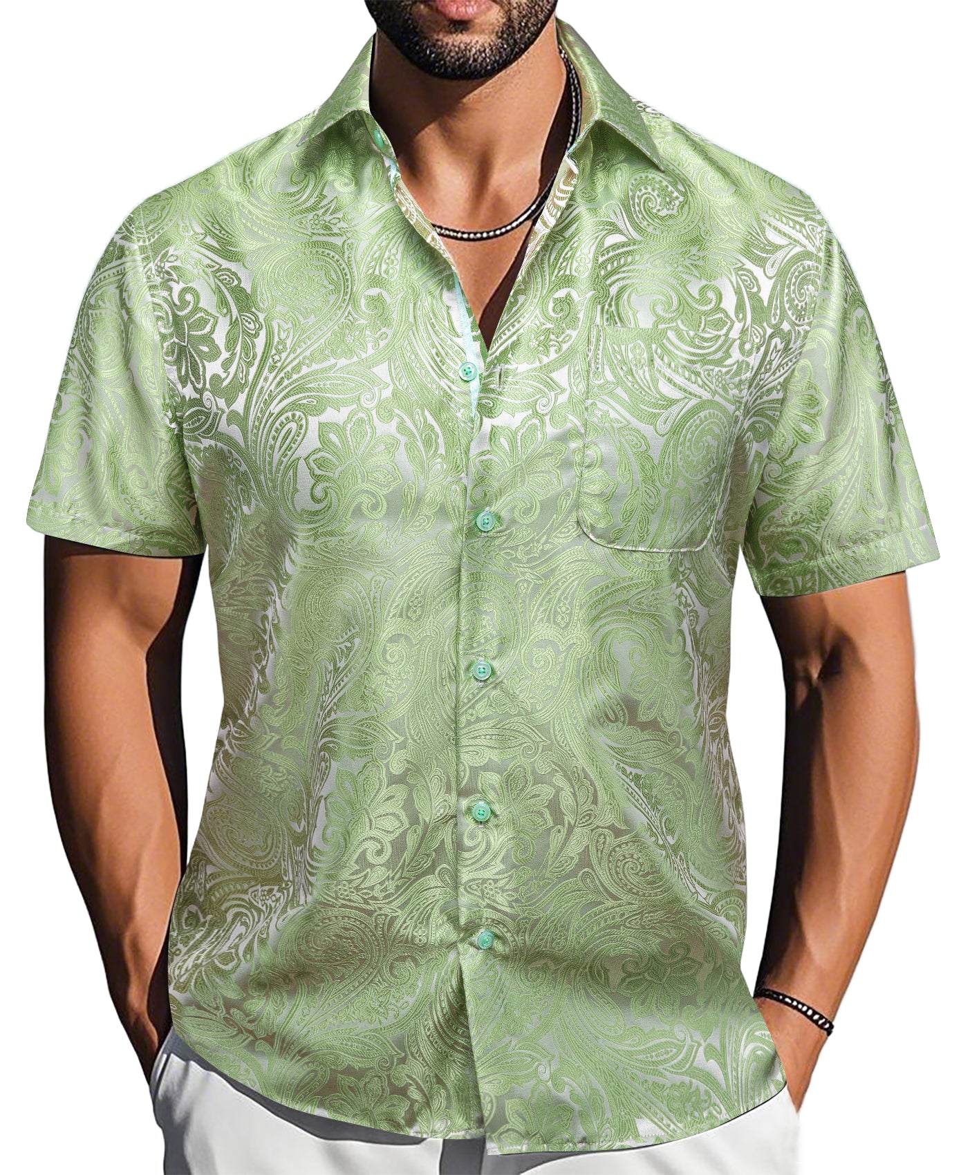 Barry. Wang Moss Green Paisley Jacquard Short Sleeve Button Up Shirt for Men