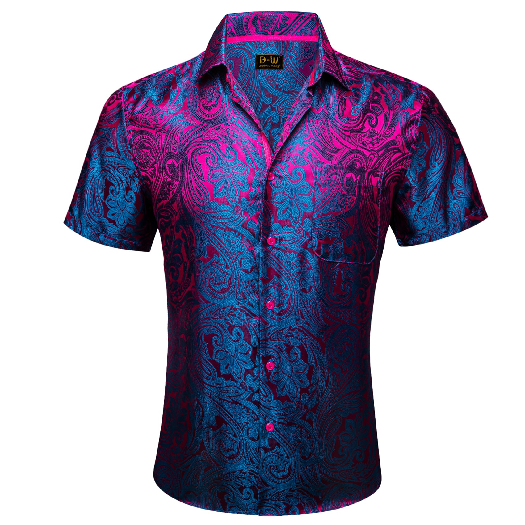 Barry. Wang Blue Purple Paisley Jacquard Short Sleeve Button Up Shirt for Men