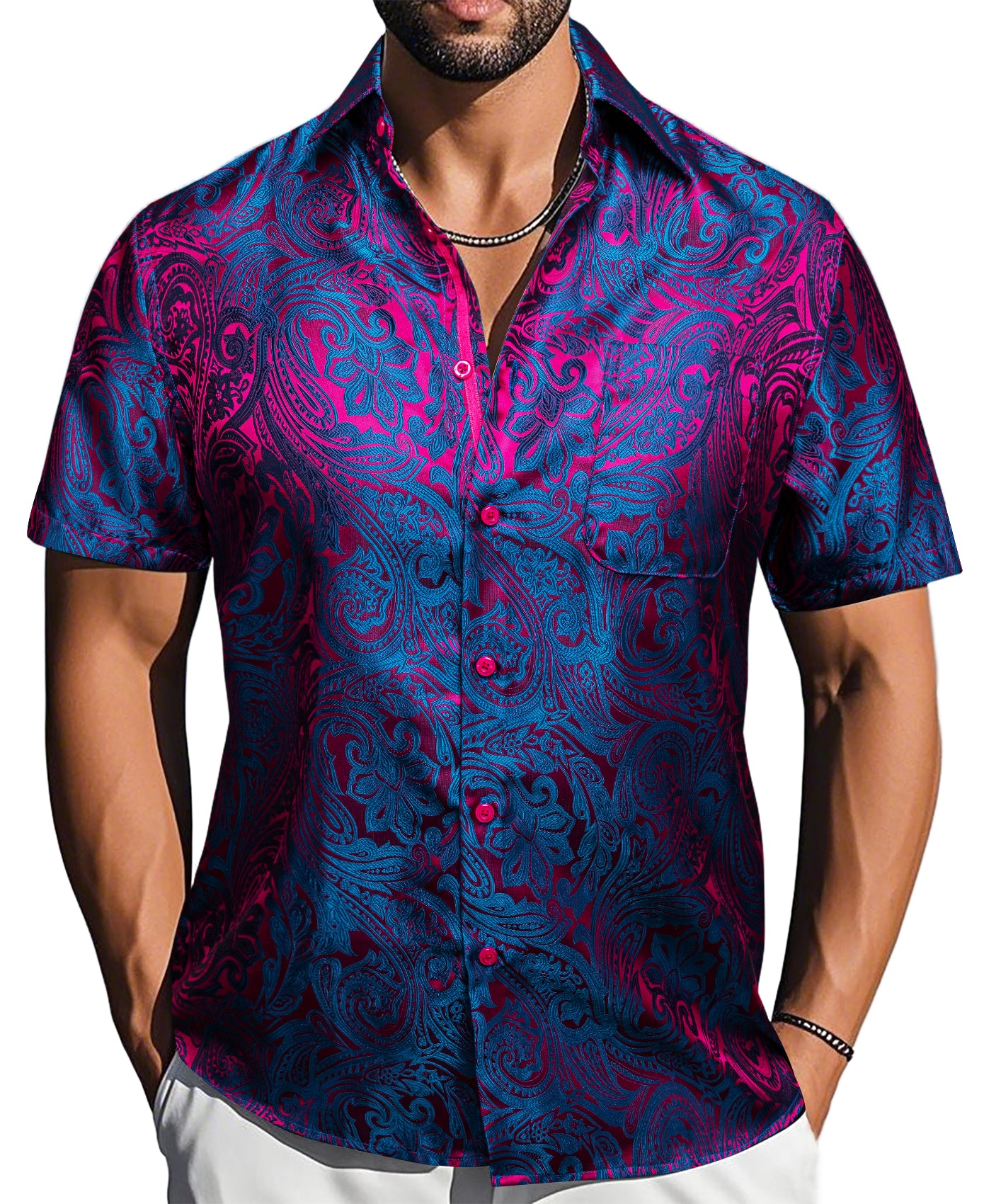 Barry. Wang Blue Purple Paisley Jacquard Short Sleeve Button Up Shirt for Men