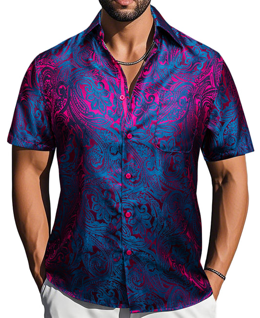 Barry. Wang Blue Purple Paisley Jacquard Short Sleeve Button Up Shirt for Men
