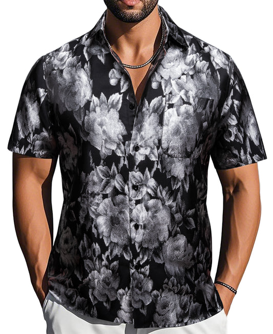 Barry. Wang Grey Black Floral Jacquard Short Sleeve Button Up Shirt for Men