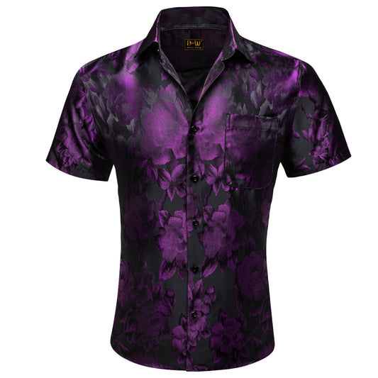 Barry. Wang Purple Black Floral Jacquard Short Sleeve Button Up Shirt for Men