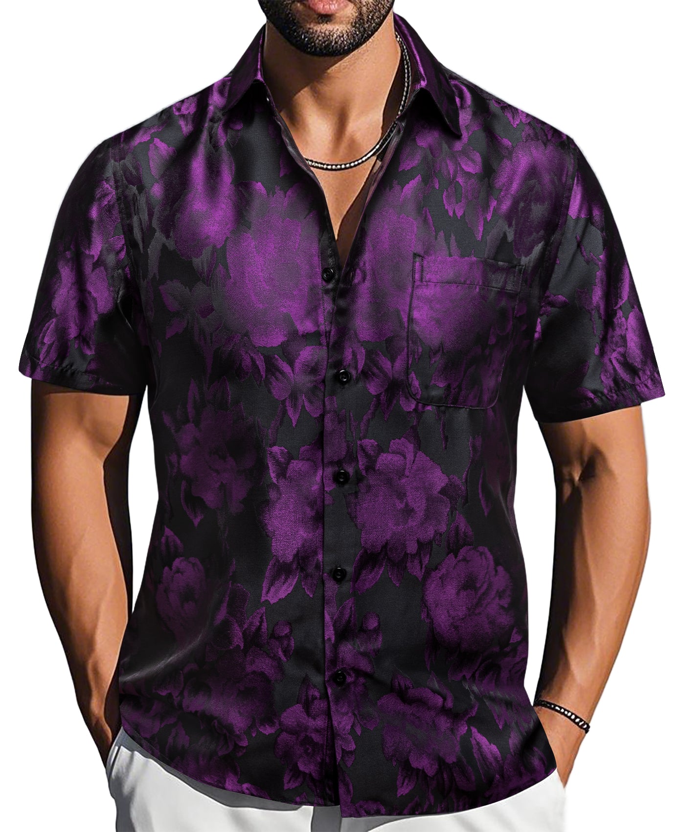 Barry. Wang Purple Black Floral Jacquard Short Sleeve Button Up Shirt for Men