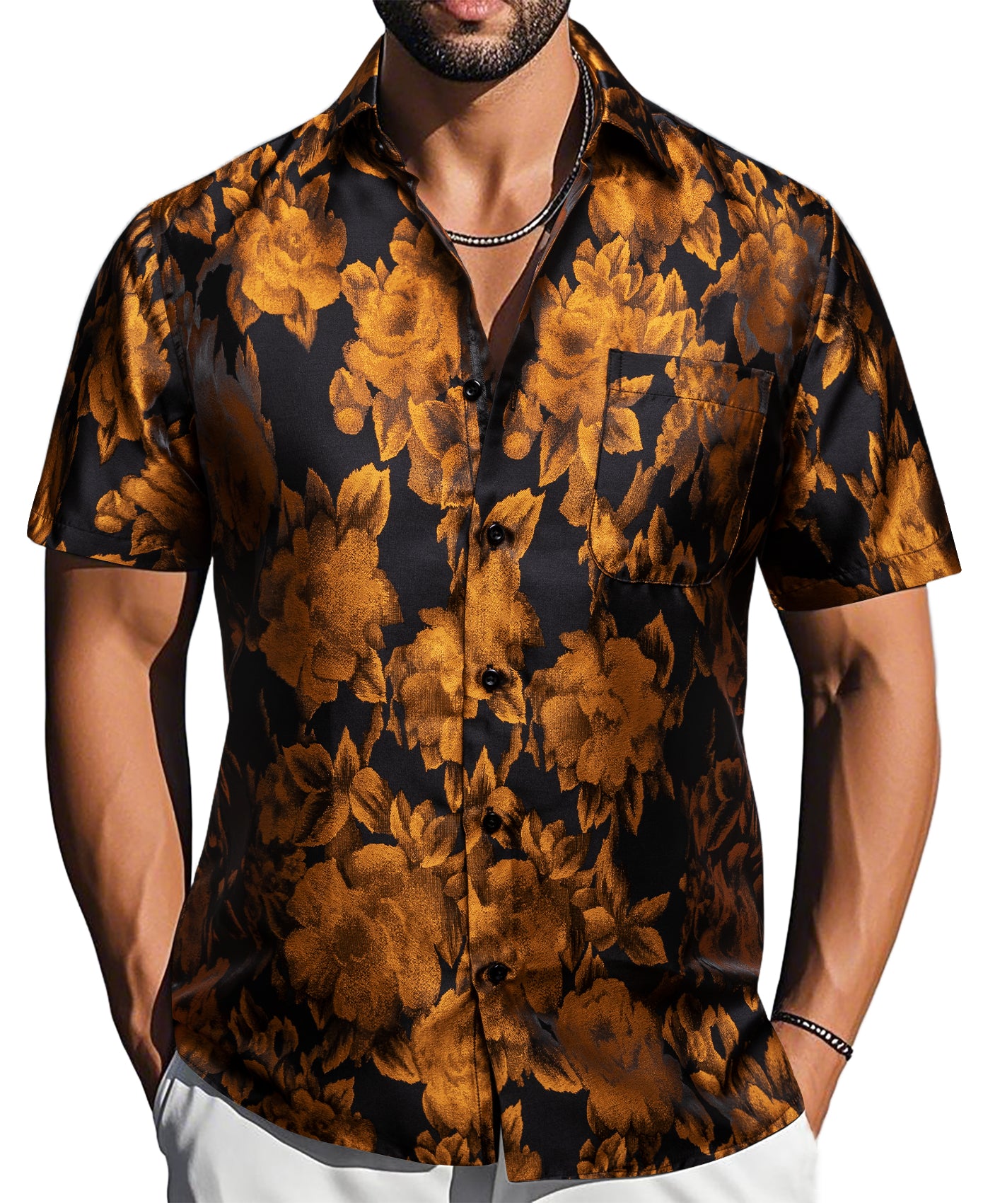 Barry. Wang Gold Black Floral Jacquard Short Sleeve Button Up Shirt for Men