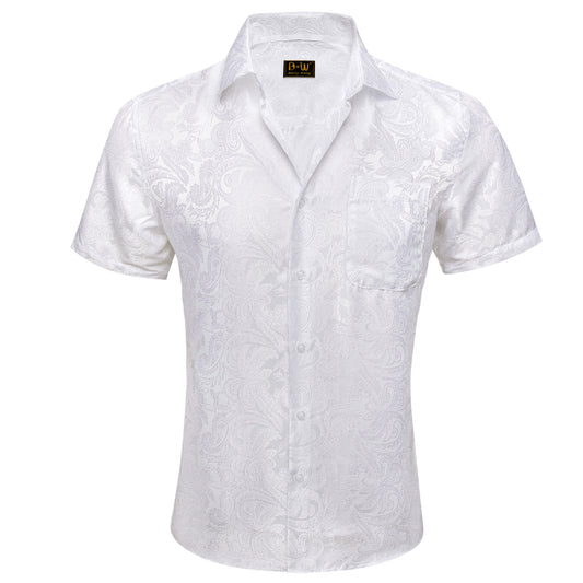 Barry. Wang White Paisley Jacquard Short Sleeve Button Up Shirt for Men
