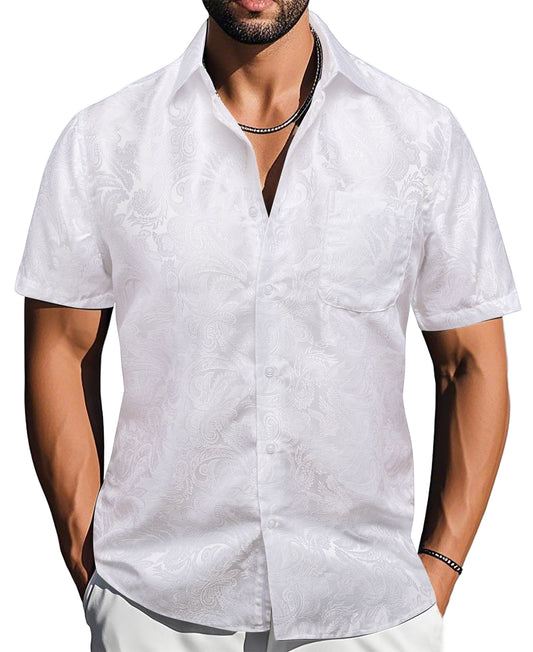 Barry. Wang White Paisley Jacquard Short Sleeve Button Up Shirt for Men