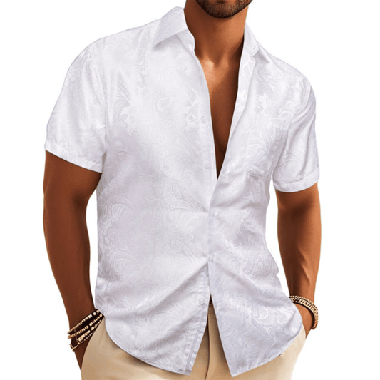 Barry. Wang White Paisley Jacquard Short Sleeve Button Up Shirt for Men