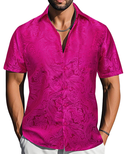 Barry. Wang Magenta Paisley Jacquard Short Sleeve Button Up Shirt for Men