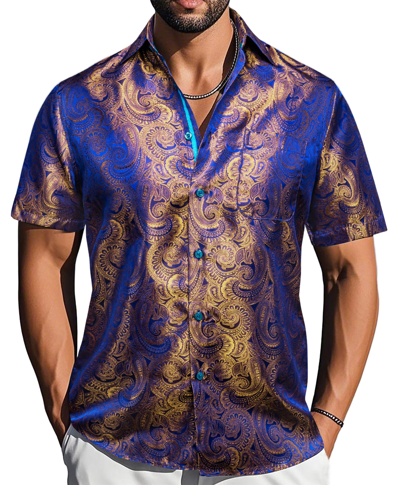 Barry. Wang Golden Blue Paisley Jacquard Short Sleeve Button Up Shirt for Men