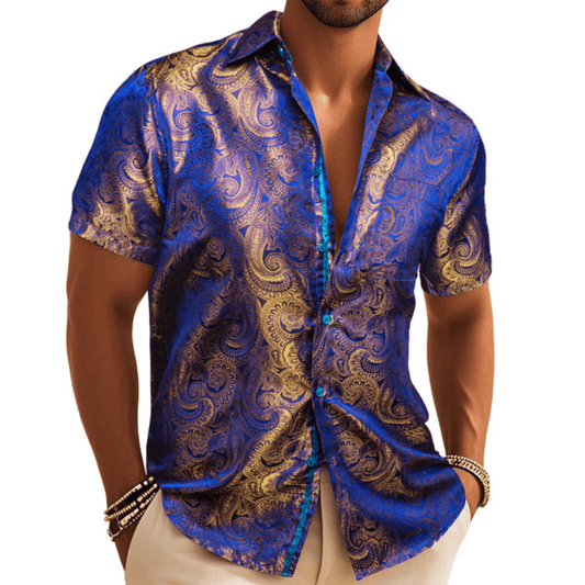 Barry. Wang Golden Blue Paisley Jacquard Short Sleeve Button Up Shirt for Men