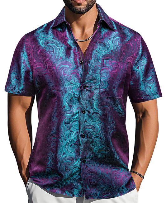Barry. Wang Purple Blue Paisley Jacquard Short Sleeve Button Up Shirt for Men