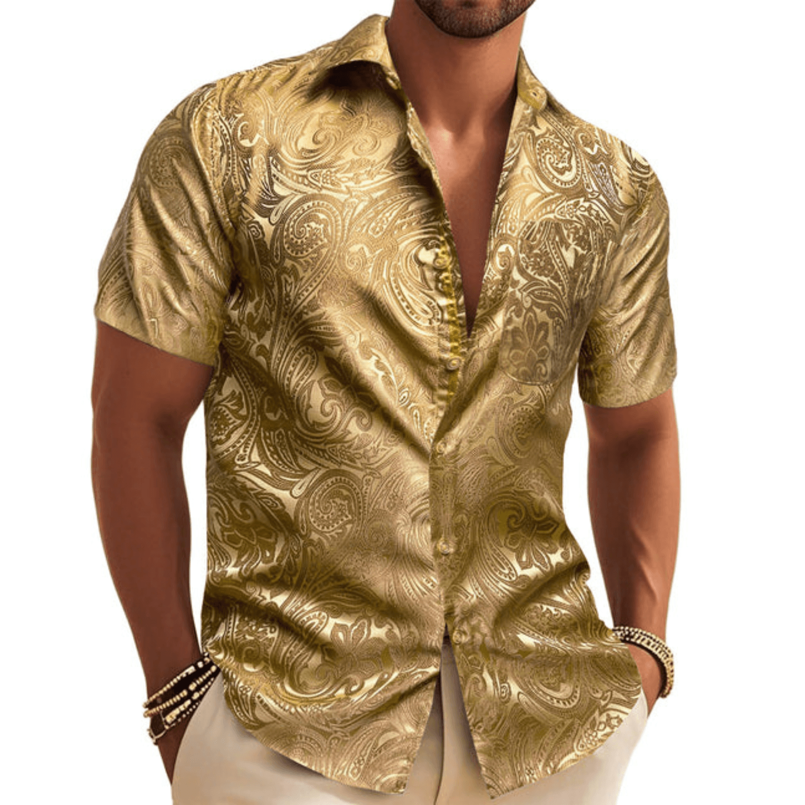 slim fit dress slacks Barry. Wang Gold Short Sleeve Shirt Mens Paisley Party Club Casual But