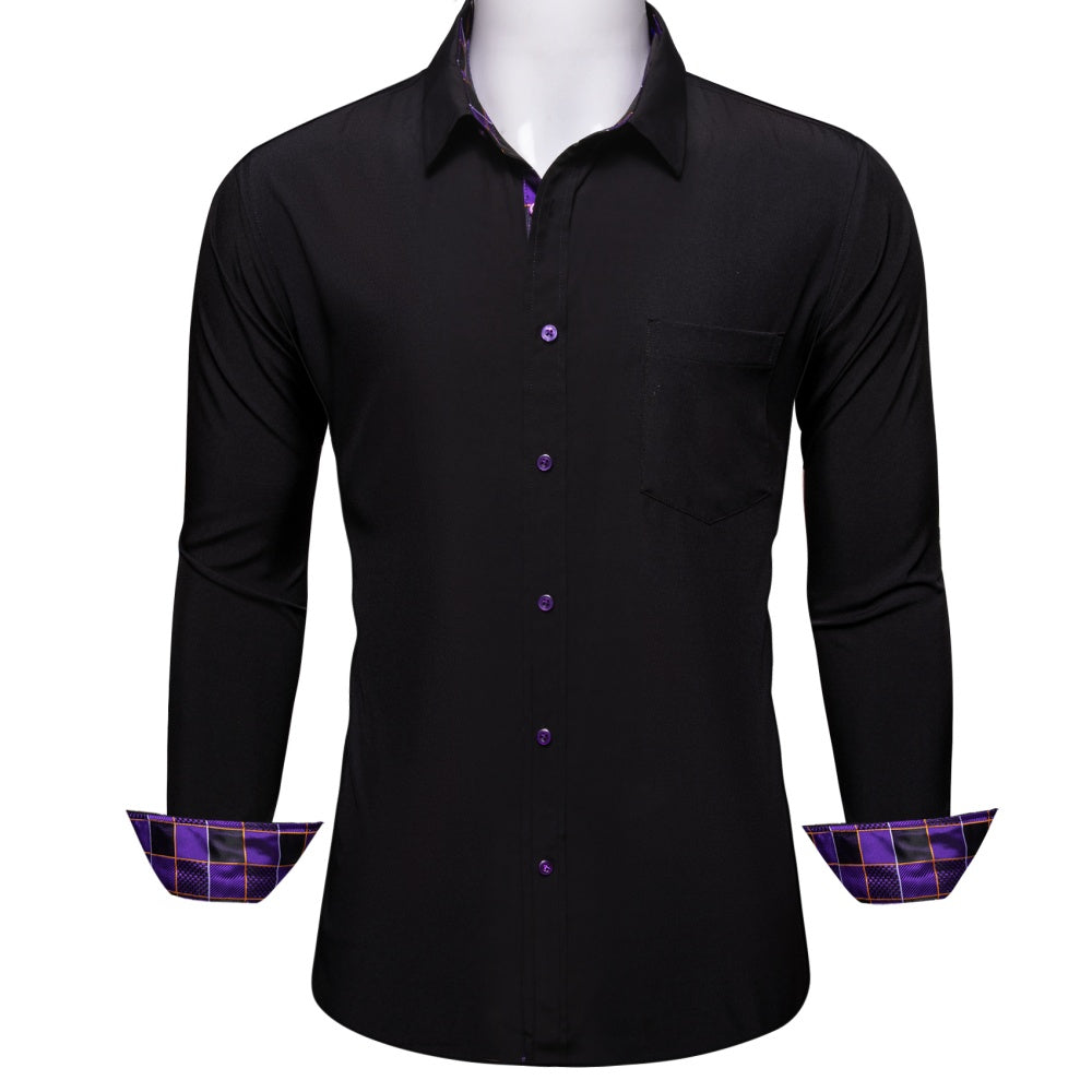 Barry. Wang Mens Black Purple Splicing Shirt Long Sleeve Casual Shirt for Party