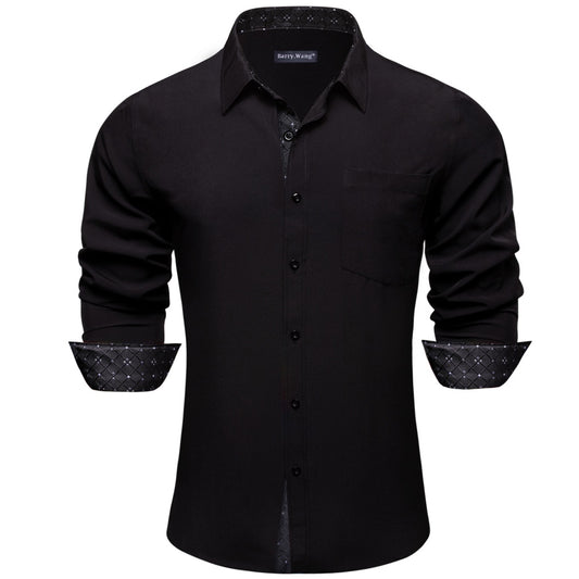 Barry. Wang Balck Dress Shirt Contrast Collar Wrinkle Free Long Sleeve Shirt