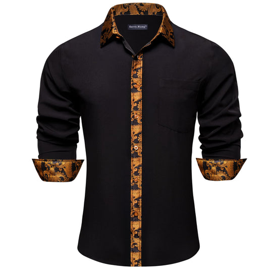 Barry. Wang Balck Casual Shirt Button Down Contrast Collar Wrinkle Free Long Sleeve Shirt