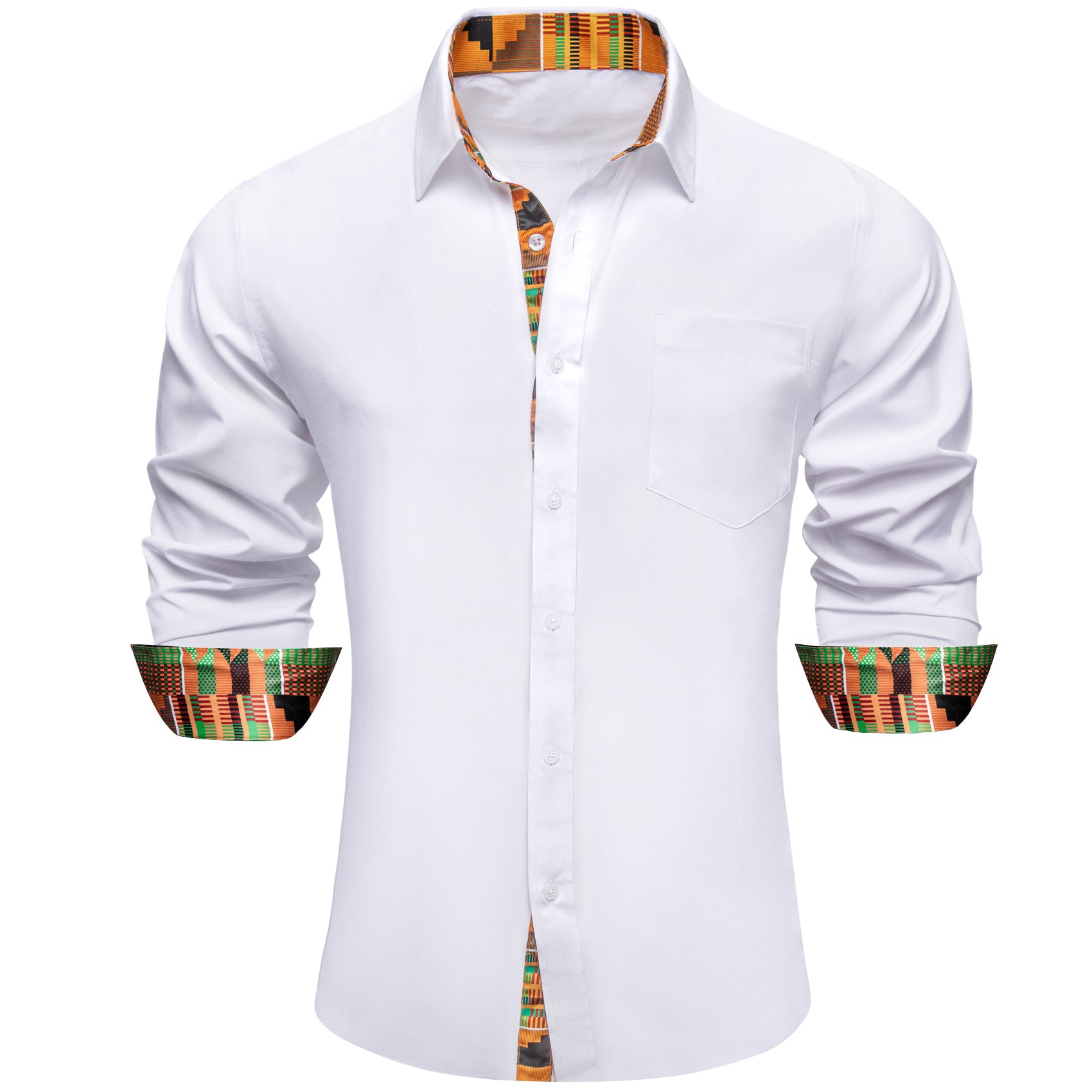 Barry. Wang White Yellow Splicing Shirt Mens Silk Long Sleeve Button Down Novelty Shirt
