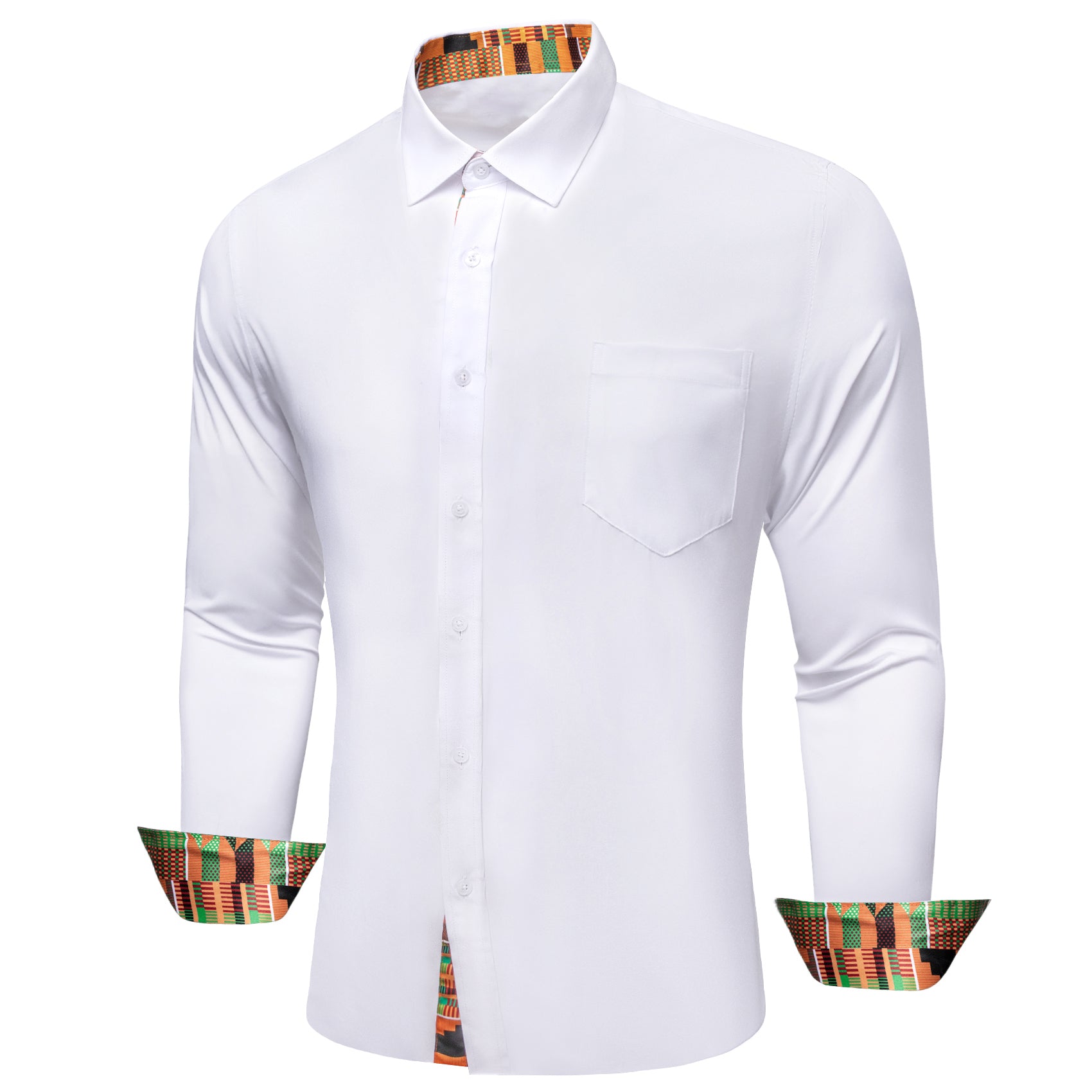 Barry. Wang White Yellow Splicing Shirt Mens Silk Long Sleeve Button Down Novelty Shirt
