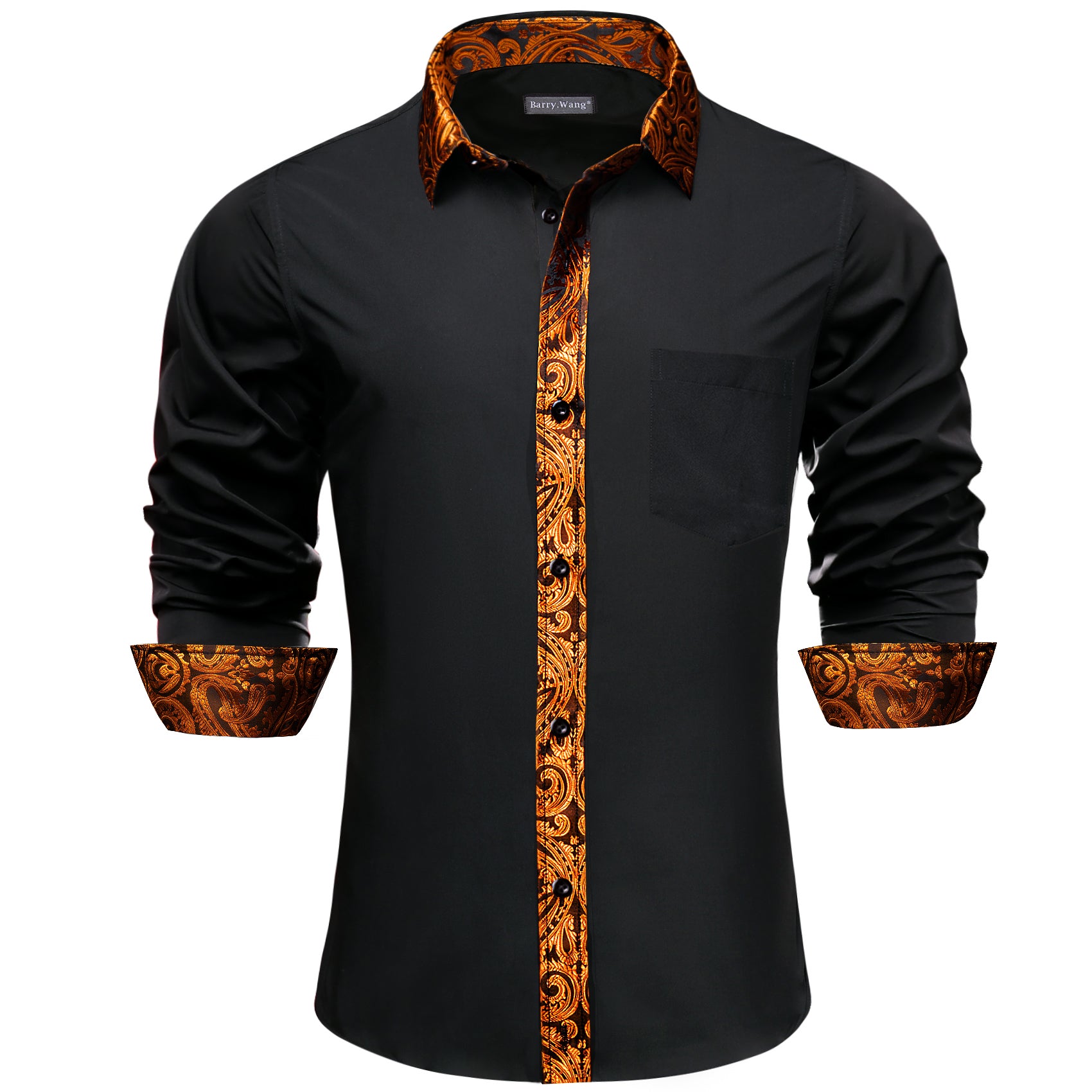 Barry. Wang Mens Black Orange Splicing Shirt Long Sleeve Formal Shirt for Wedding