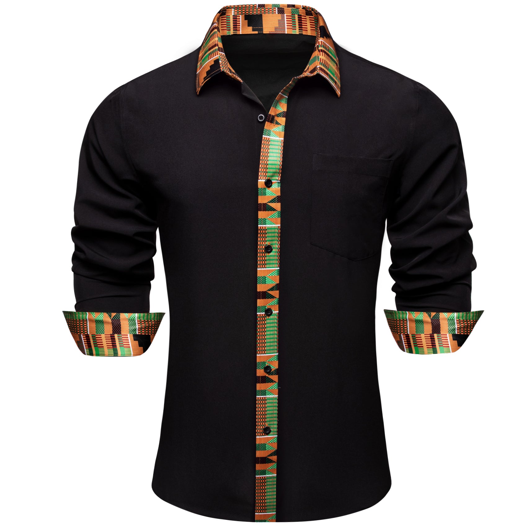 Barry. Wang Black Yellow Patchwork Shirt Mens Silk Long Sleeve Button Down Novelty Shirt
