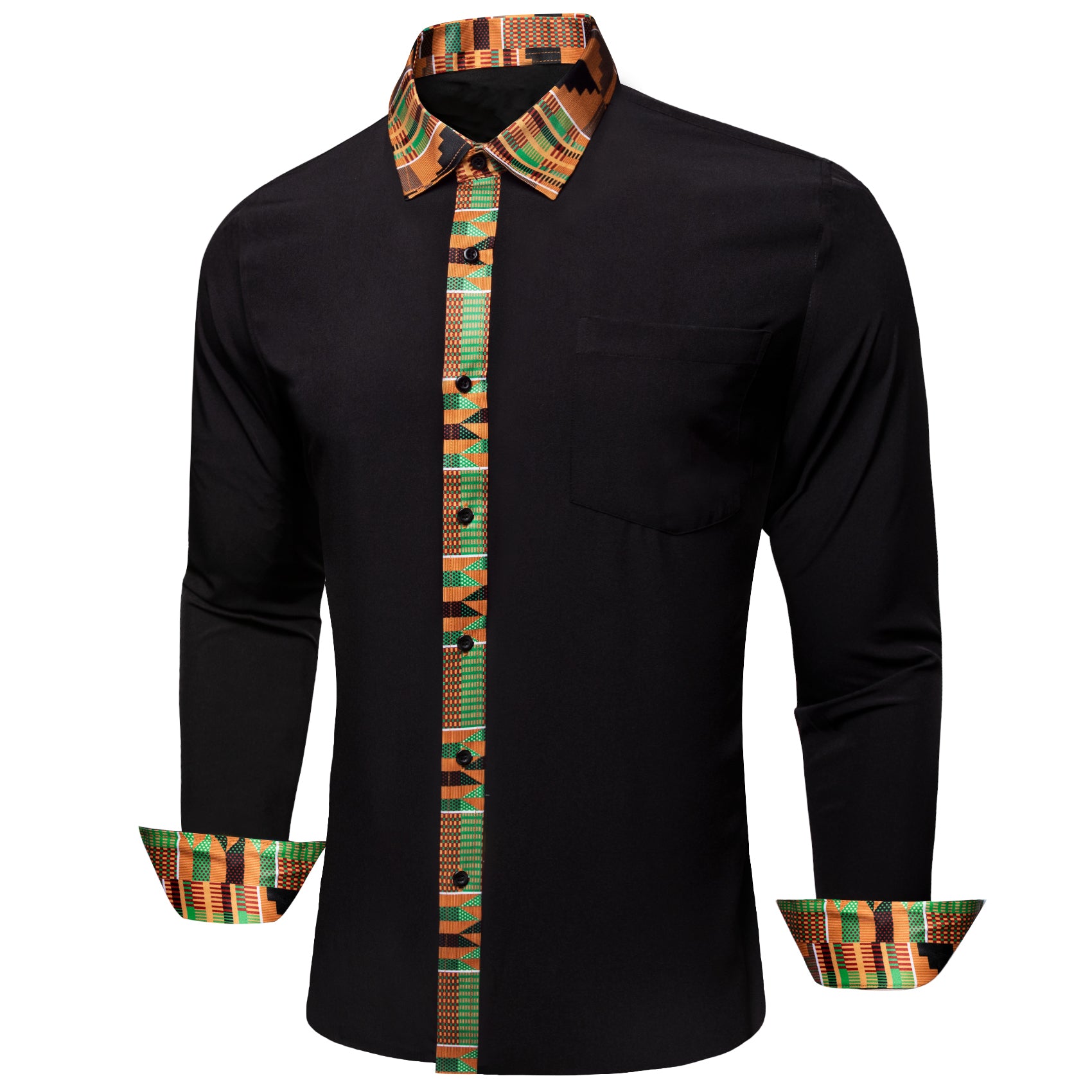 Barry. Wang Black Yellow Patchwork Shirt Mens Silk Long Sleeve Button Down Novelty Shirt