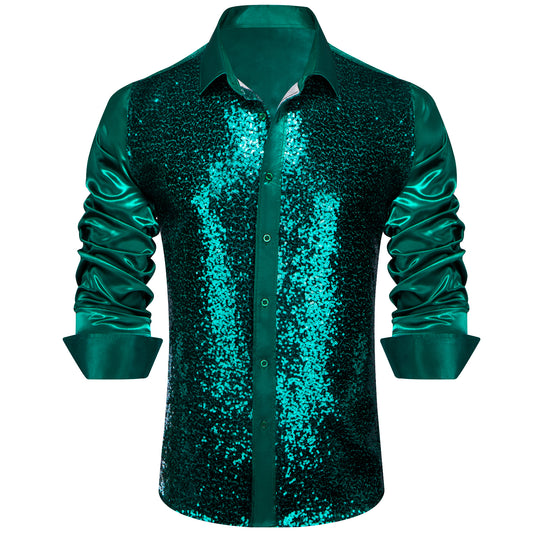 Barry. Wang Teal Green 70s Disco Shirt Sequins Shiny Satin Silk Button Down Long Sleeve Party Shirts