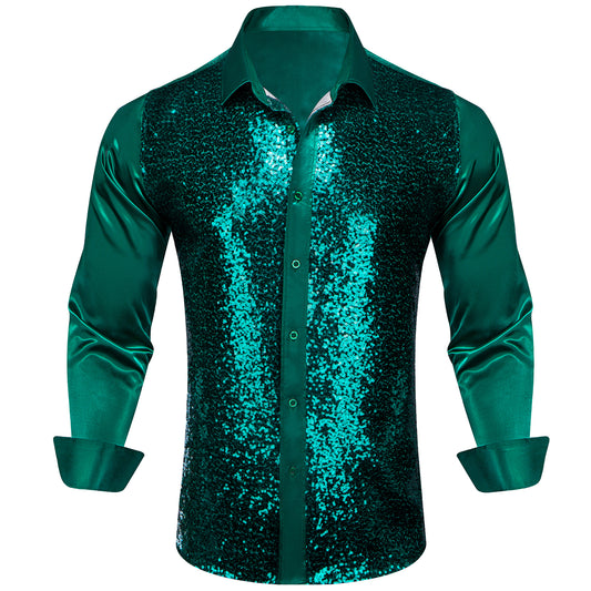 Barry. Wang Teal Green 70s Disco Shirt Sequins Shiny Satin Silk Button Down Long Sleeve Party Shirts