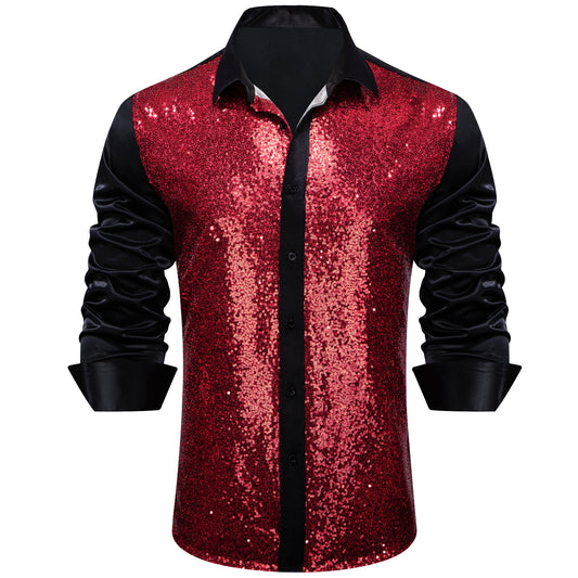 Barry. Wang Burgundy Sequins Shirt Mens Black Satin Button Down Long Sleeve Dress Shirts Dance Party