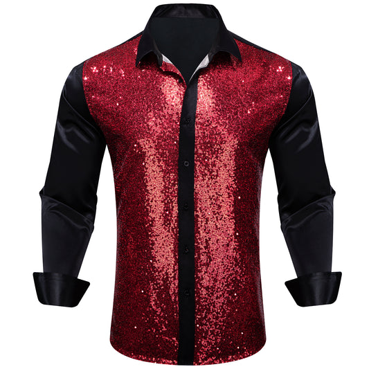 Barry. Wang Burgundy Sequins Shirt Mens Black Satin Button Down Long Sleeve Dress Shirts Dance Party