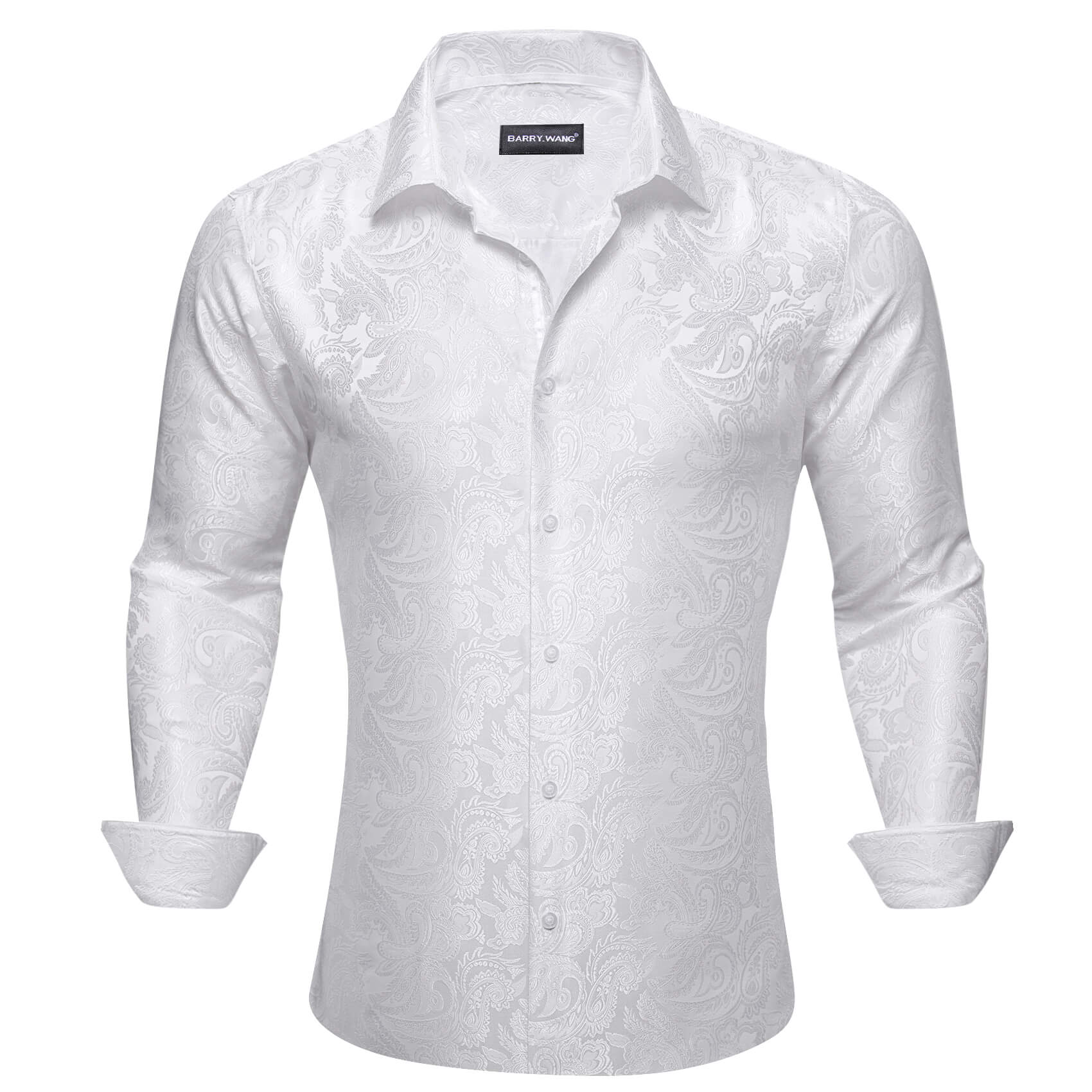 Barry. Wang Men's White Paisley Button Up Shirts Silk Long Sleeve Dress Shirt Satin Paisley Casual Western Shirt