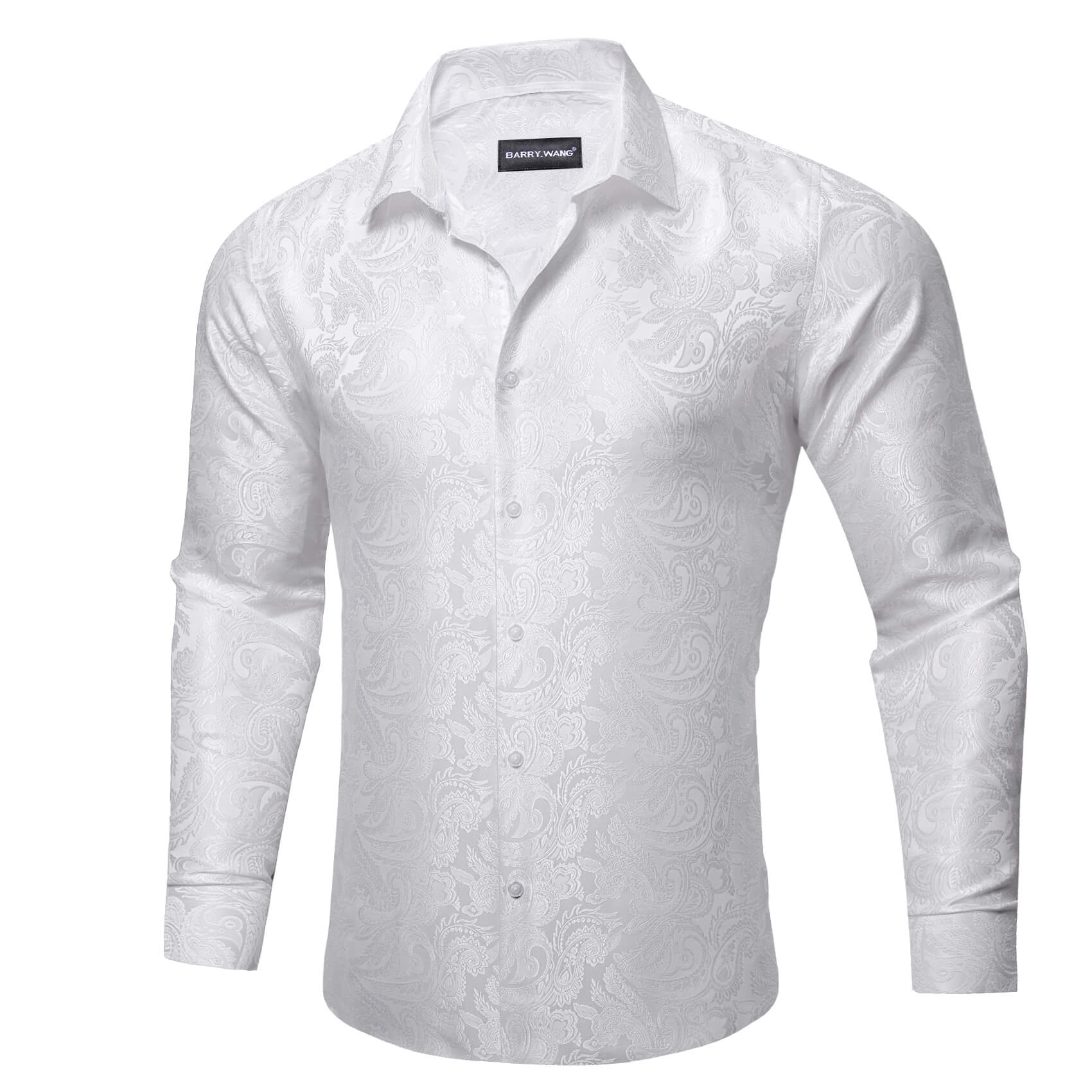 Barry. Wang Men's White Paisley Button Up Shirts Silk Long Sleeve Dress Shirt Satin Paisley Casual Western Shirt