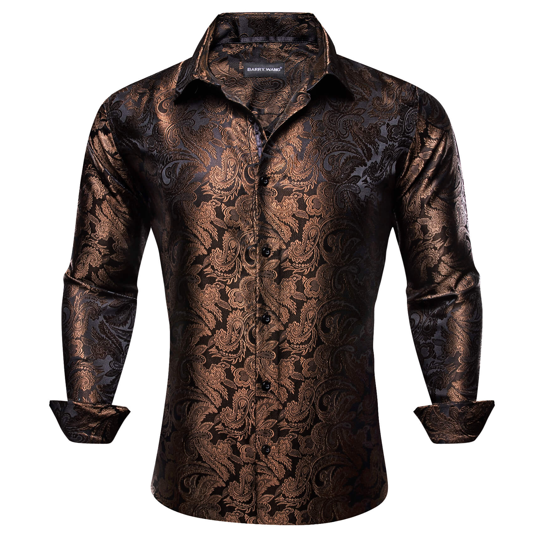 Barry. Wang Long Sleeve Shirt Dark Brown Paisley Silk Shirt for Men