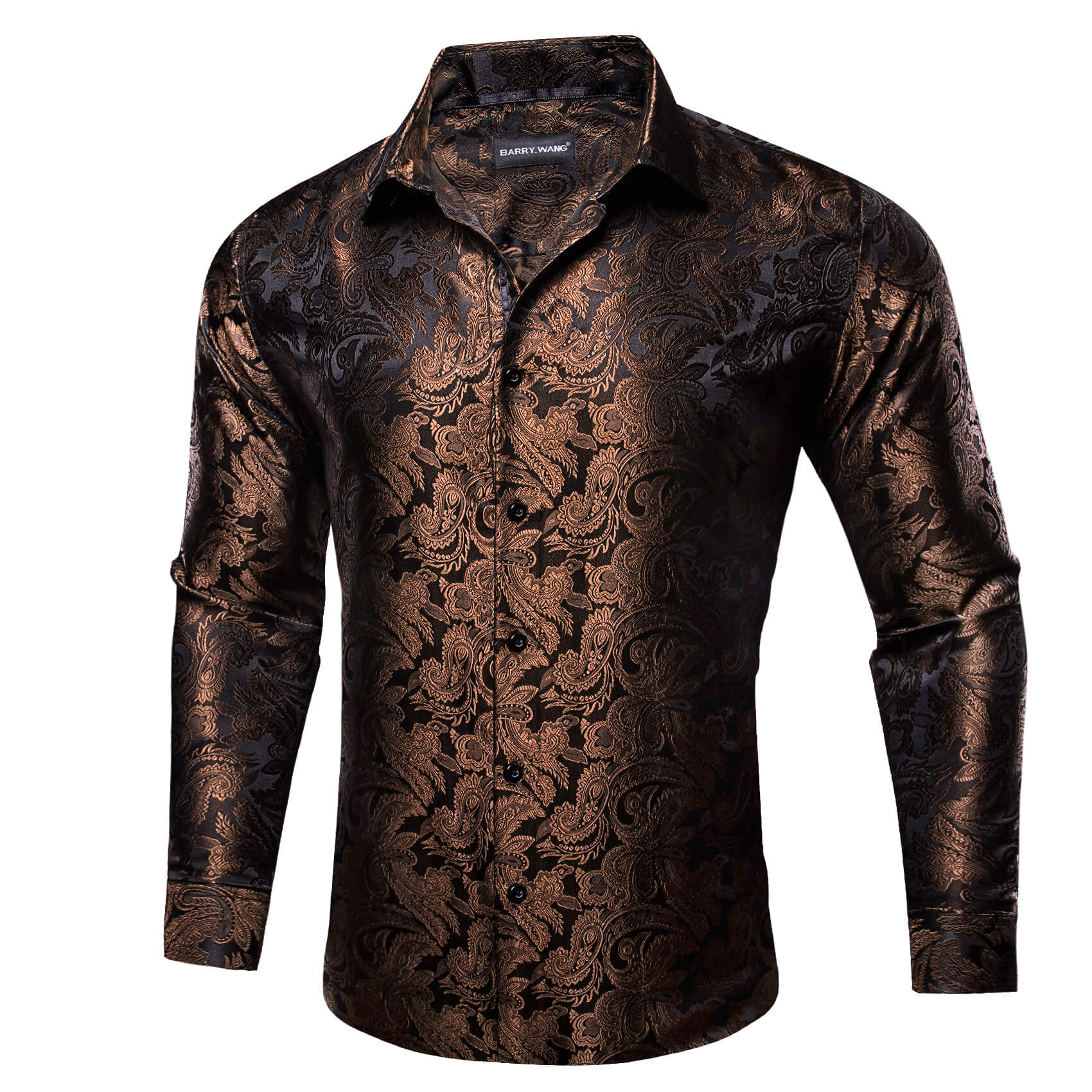 Barry. Wang Long Sleeve Shirt Dark Brown Paisley Silk Shirt for Men