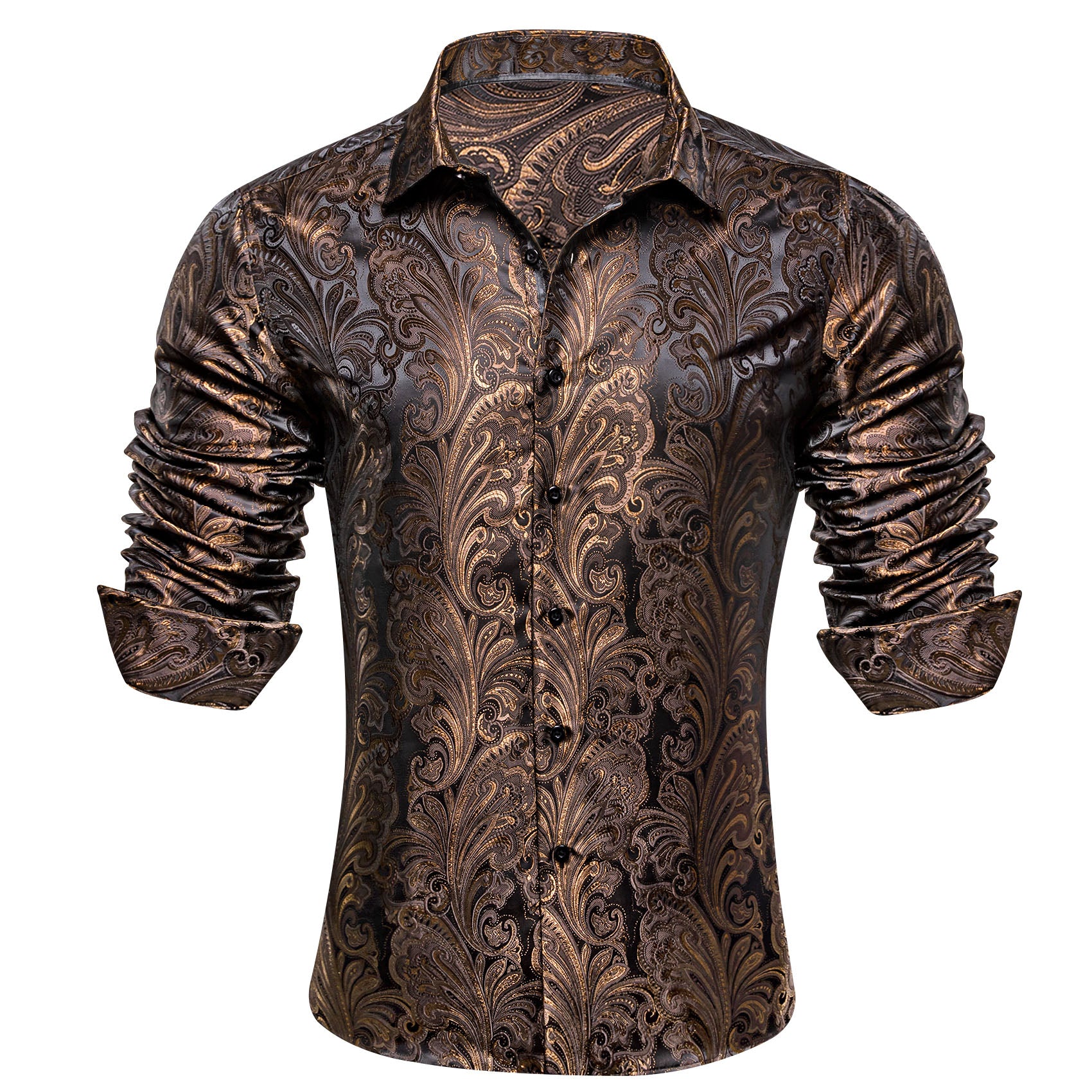 Barry. Wang Brown Floral Shirt Long Sleeve Collar Silk Dress Shirt for Men