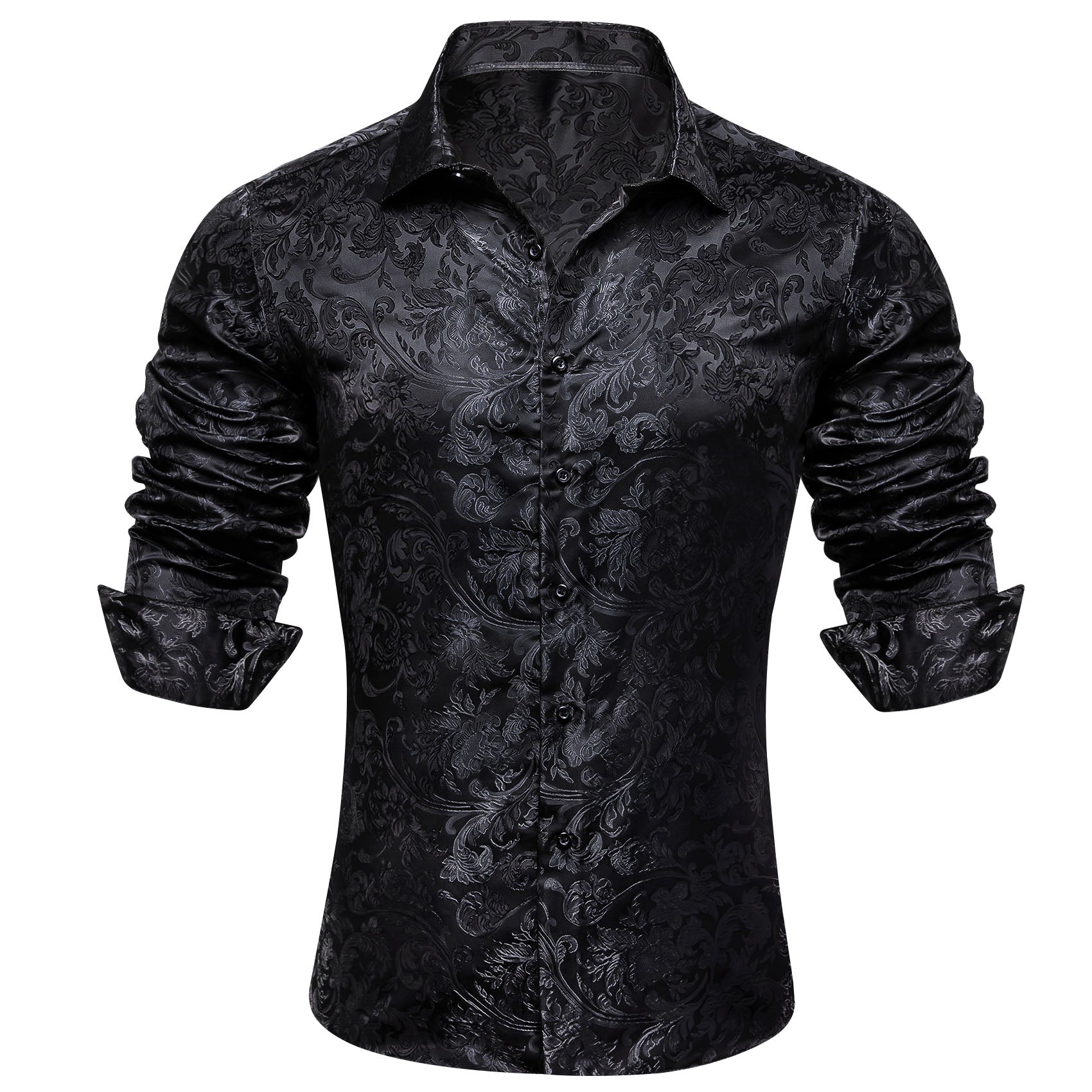 Barry. Wang Black Floral Shirt Silk Long Sleeve Collar Dress Shirt For Men
