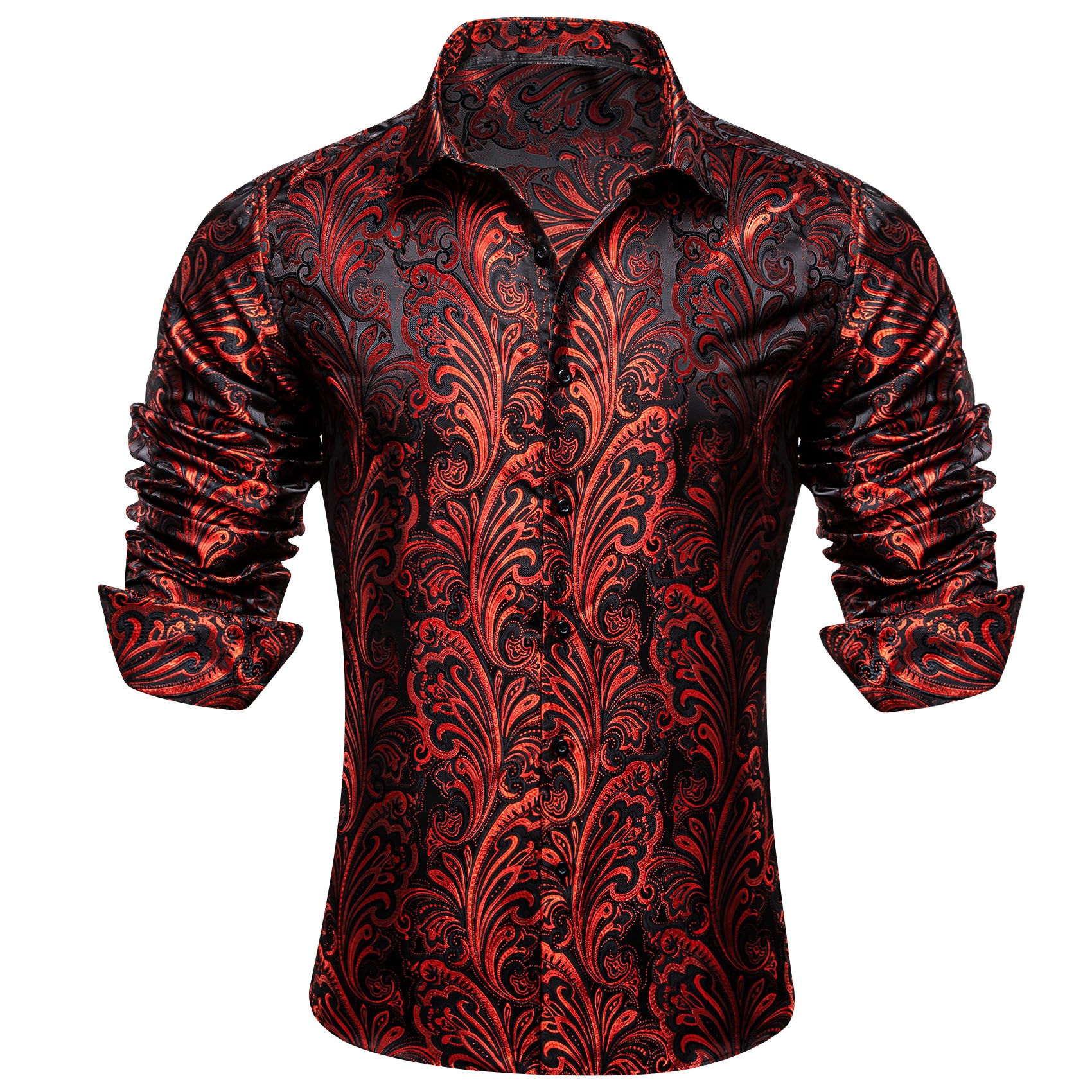 Barry. Wang Black Orange Floral Shirt Silk Long Sleeve Collar Dress Shirt For Men