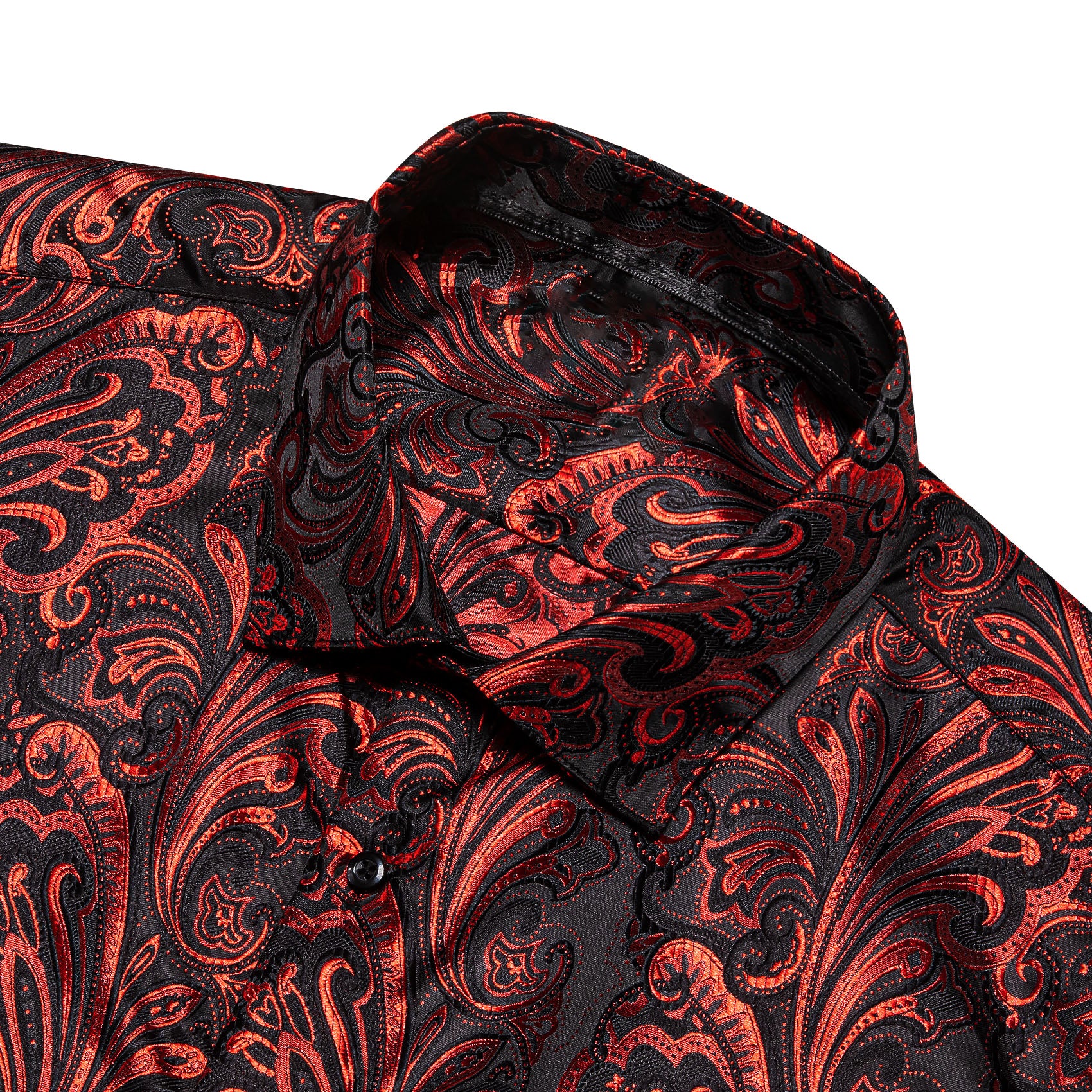 Barry. Wang Black Orange Floral Shirt Silk Long Sleeve Collar Dress Shirt For Men