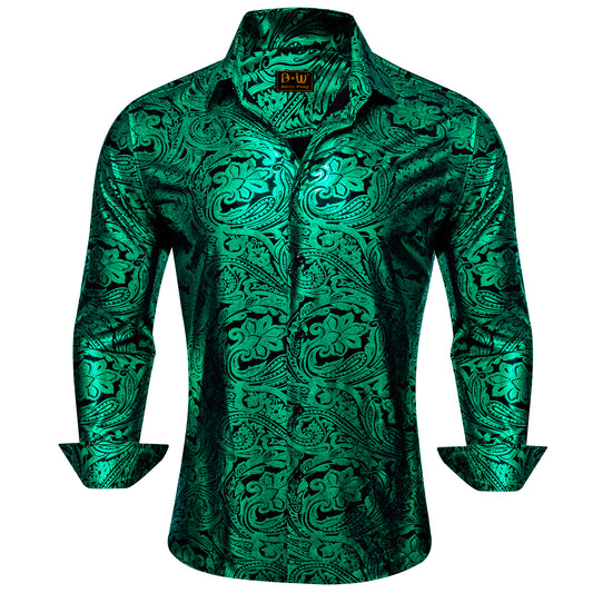 Barry. Wang Emerald Green Paisley Long Sleeve Button Down Shirt for Men