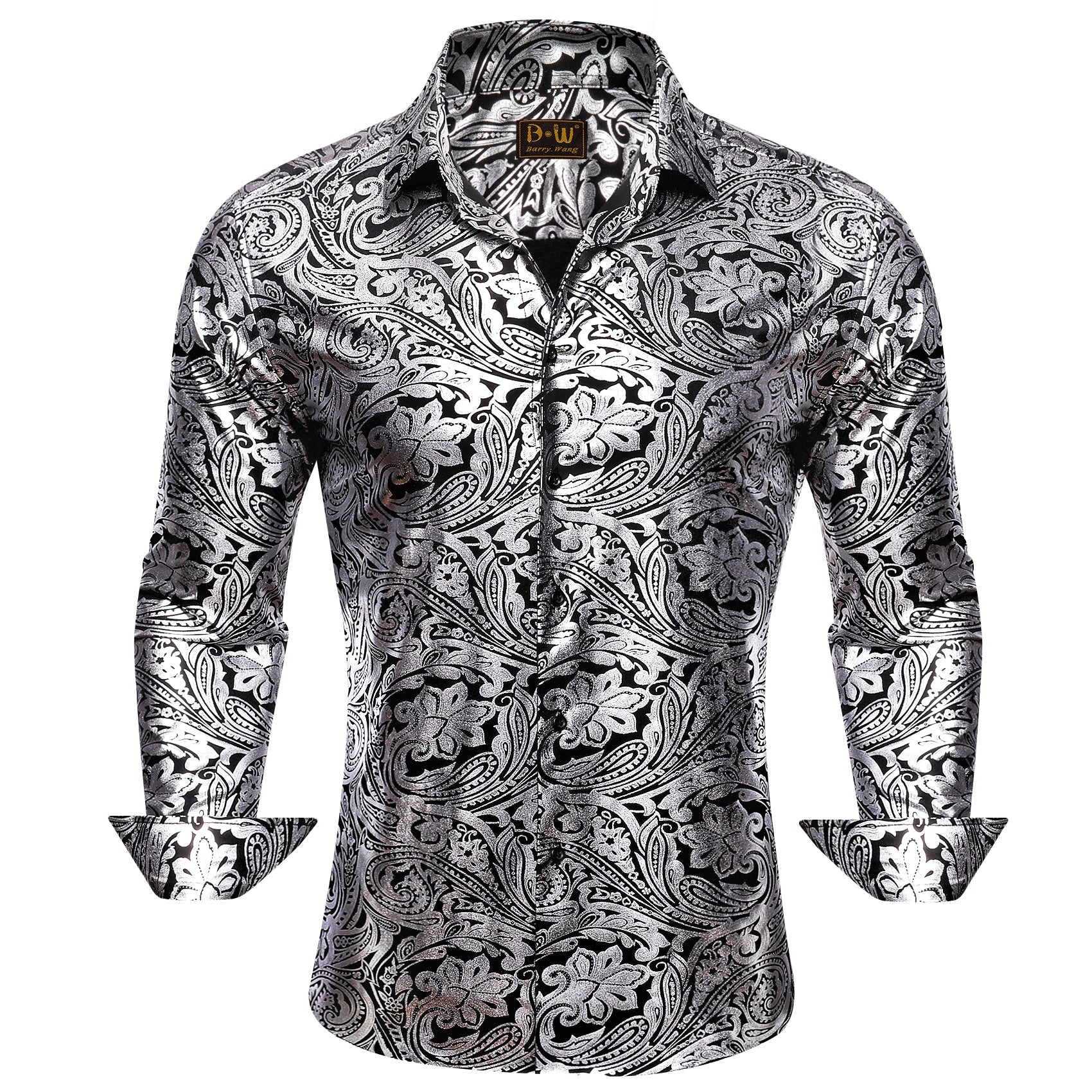 Barry. Wang Silver Paisley Long Sleeve Button Down Dress Shirt for Men
