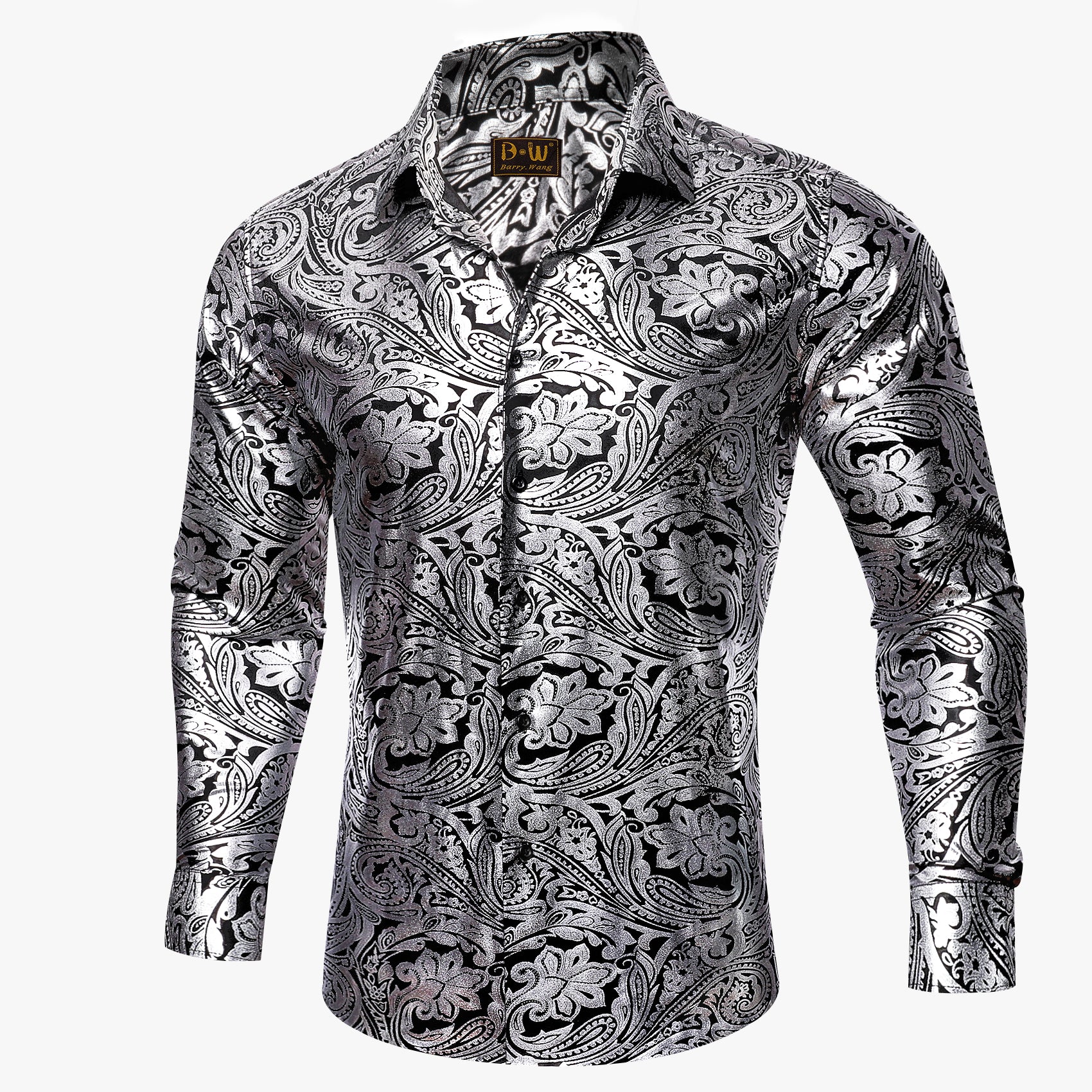 Barry. Wang Silver Paisley Long Sleeve Button Down Dress Shirt for Men
