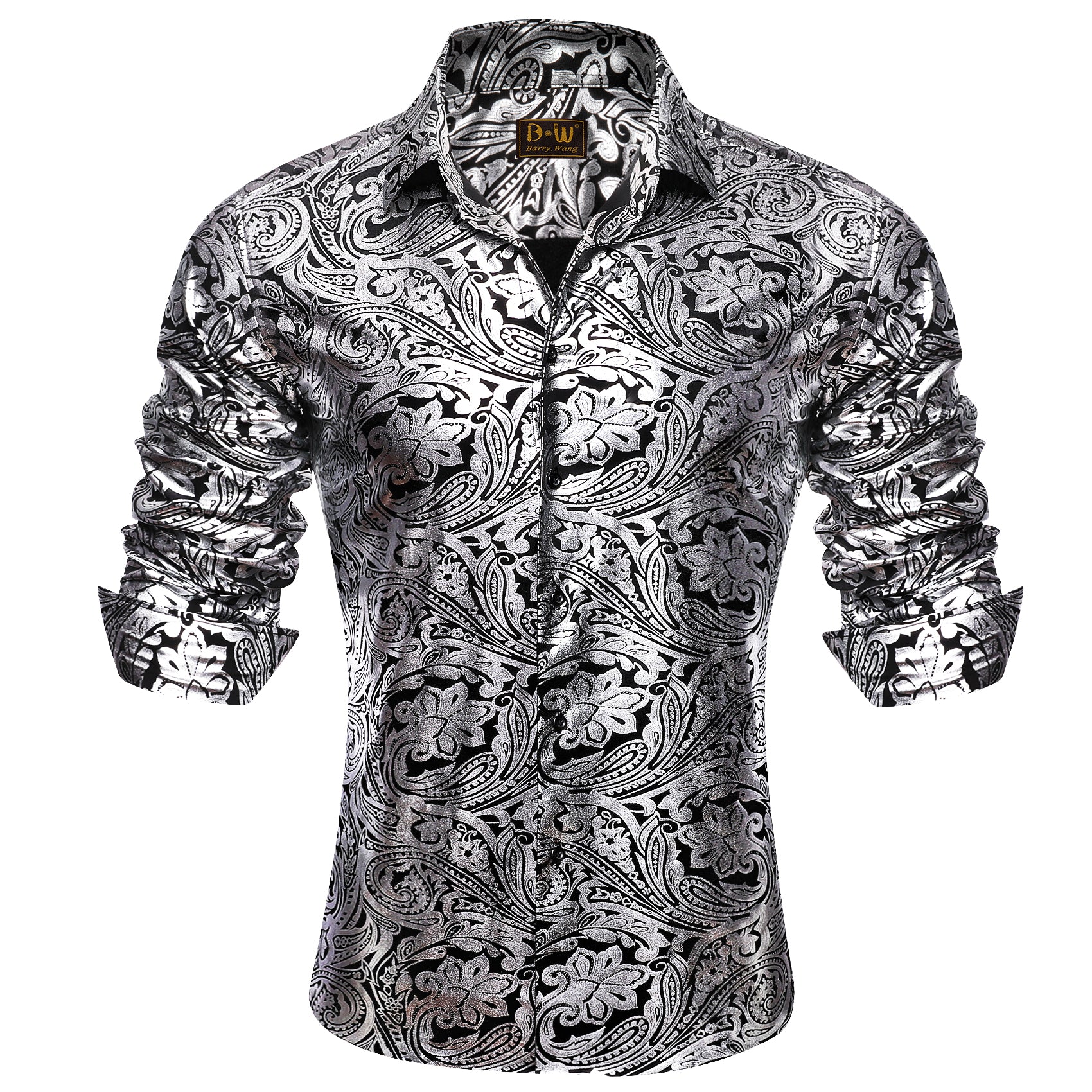 Barry. Wang Silver Paisley Long Sleeve Button Down Dress Shirt for Men