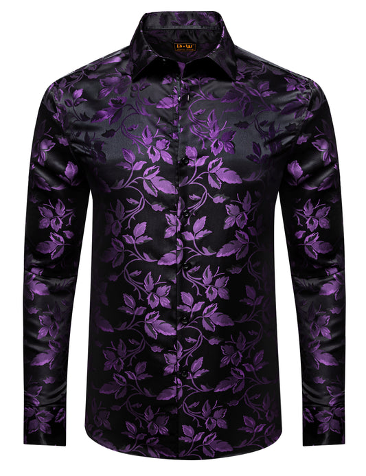 Barry. Wang Purple Floral Dress Shirt for Men Long Sleeve Button Down Shirt