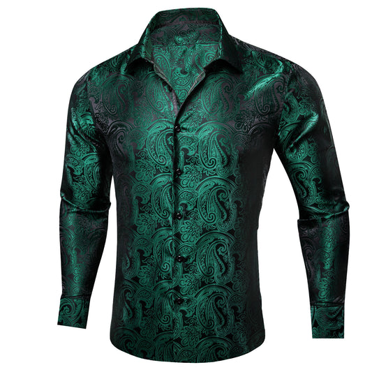 Barry. Wang Hunter Green Casual Shirt for Party Paisley Button Down Long Sleeve Shirt