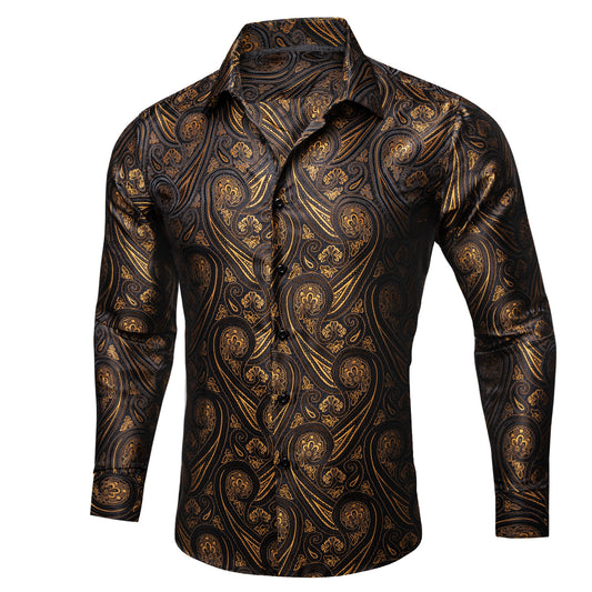 Barry. Wang Gold Paisley Shirt Button Down Mens Western Dress Long Sleeve Shirt
