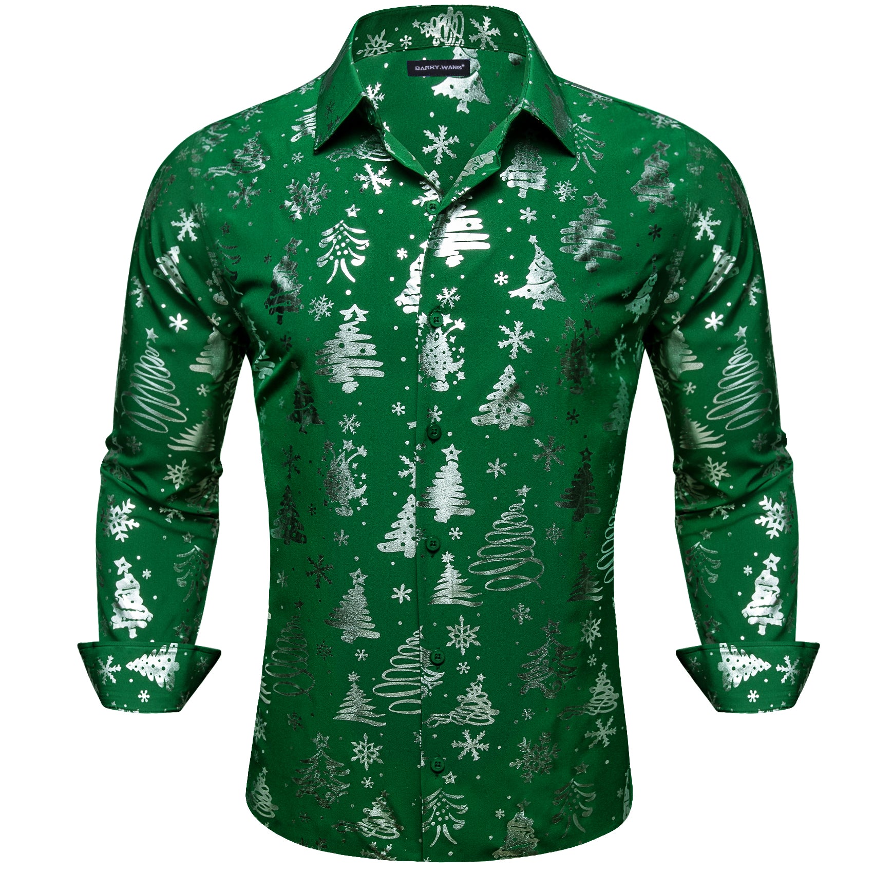Barry. Wang Holiday Dress Shirt Green Xmas Pattern Long Sleeve Button Up Shirt