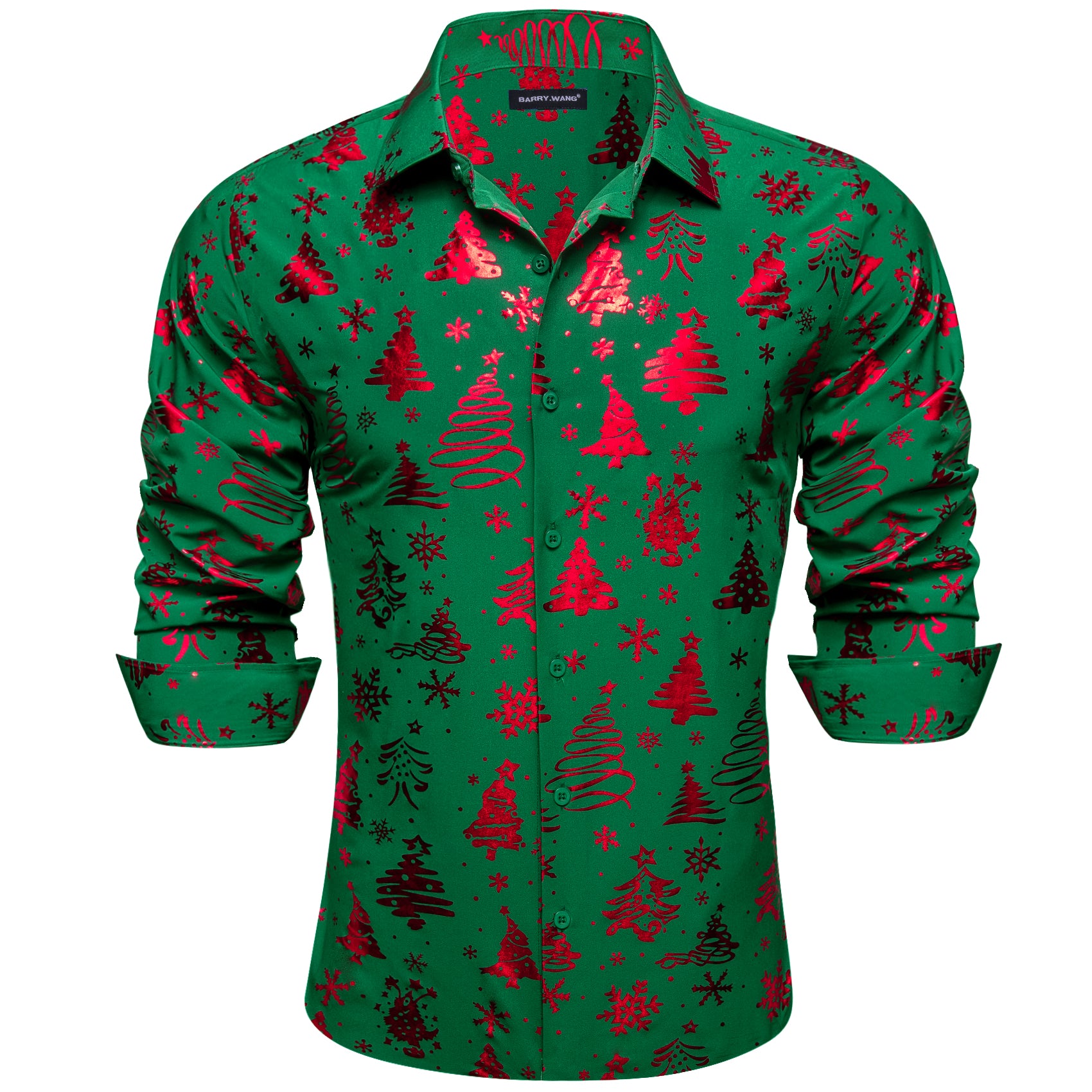Barry. Wang Holiday Green Dress Shirt Red Xmas Pattern Silk Mens Long Sleeve Shirt